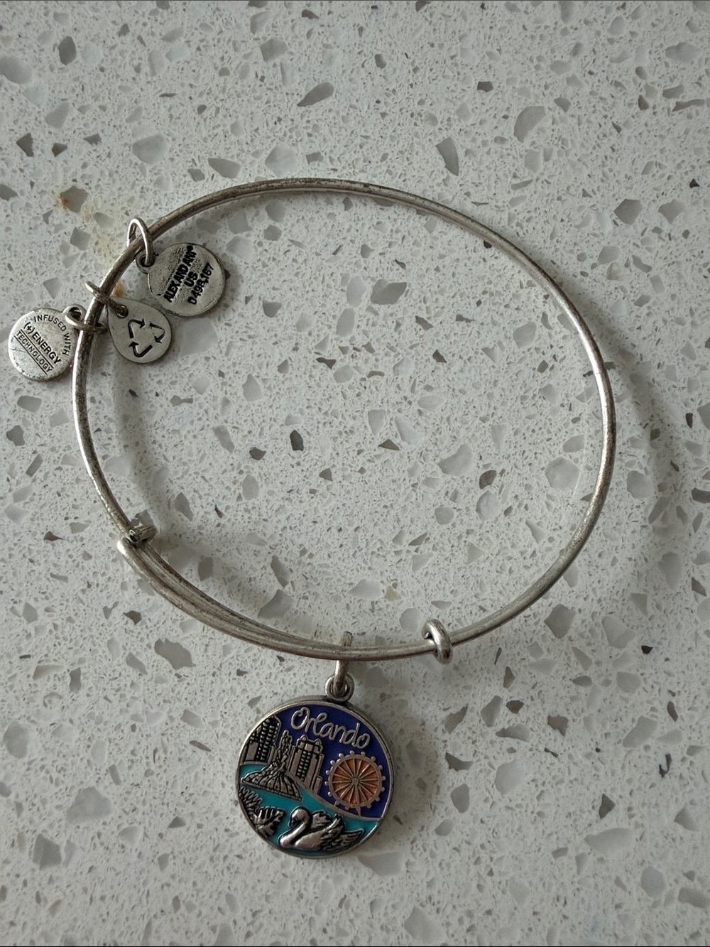 Alex and Ani Silver Bracelet with Blue and Teal Orlando Charm